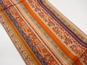 縞に草花模様織出し全通袋帯